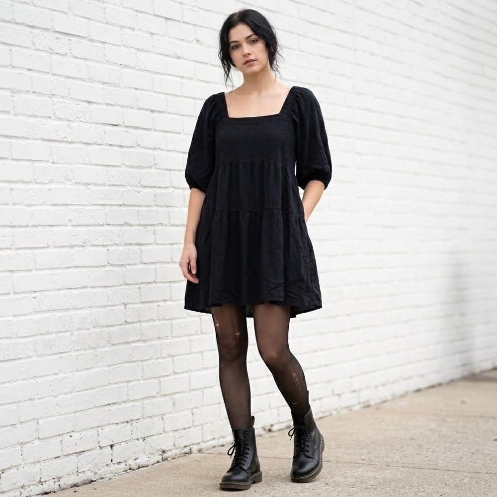Project Social T Tiered Babydoll Mini Dress‎ Womens XS Black Puff Witchy Goth